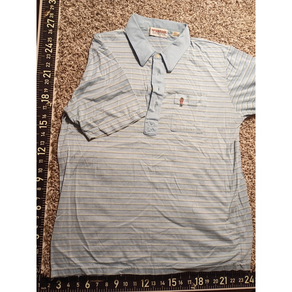 Vintage McGregor Bagpiper Polo Shirt Mens Large Blue Striped Pocket Short Sleeve